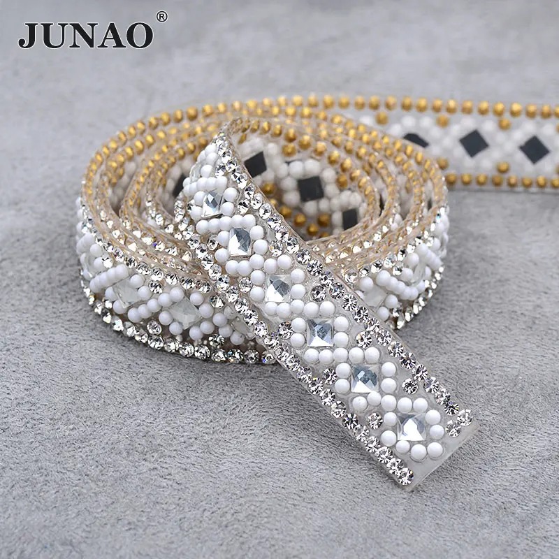 

JUNAO 5 Yard*15mm Clear White Hotfix Rhinestone Fabric Chain Glass Trim Bridal Applique Strass Crystal Mesh Banding For Clothes