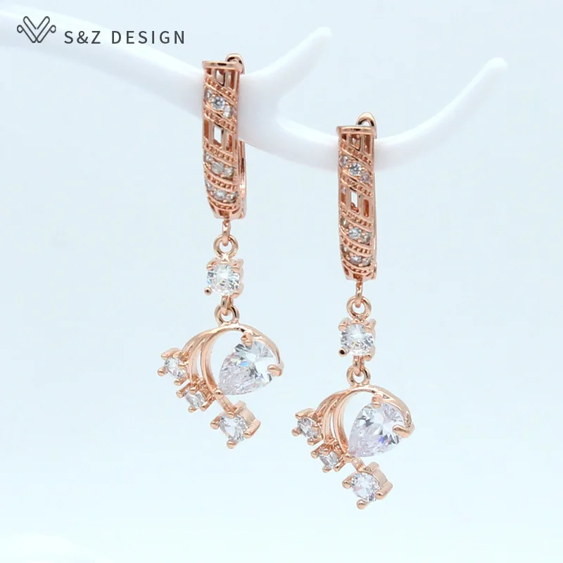 

S&Z 2019 New Arrivals 585 Rose Gold Micro Wax Inlay AAA Dangle Earrings For Women Wedding Party Fine Luxury Trendy Jewelry