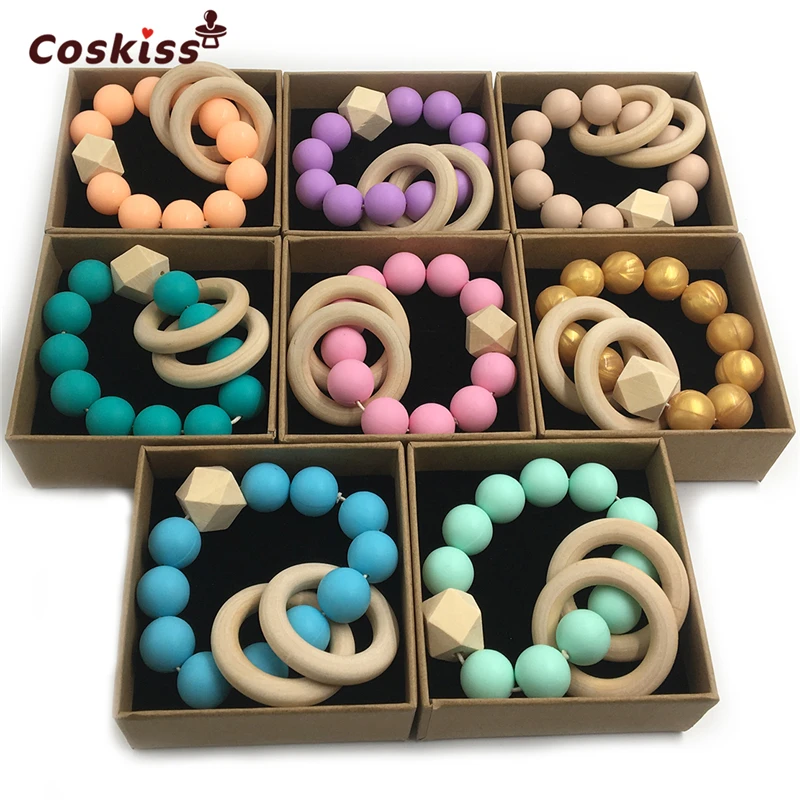 

8pcs Baby Teether Nursing Bracelet Food Grade Silicone Beads Wooden Rings Teether Nature Safe Organic Infant Bangle Teether Toys