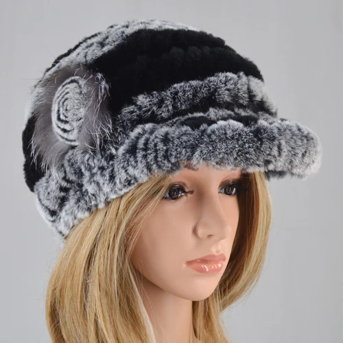 grey and black Новые женские полосатые и цветочные настоящие натуральные шапки из меха кролика рекс натуральная шапка из меха кролика рекс женские зимние теплые шапки из меха кролика рекс - Цвет: grey and black