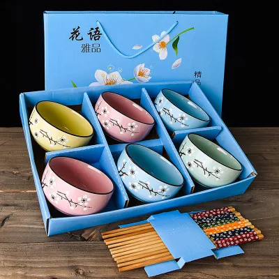 6PCS Mixed blue box Японский вишневый цвет керамическая чаша набор микроволновая печь маленькая Классическая салатная лапша Ramen миска для рисового супа с палочками для еды посуда - Цвет: 6PCS Mixed blue box