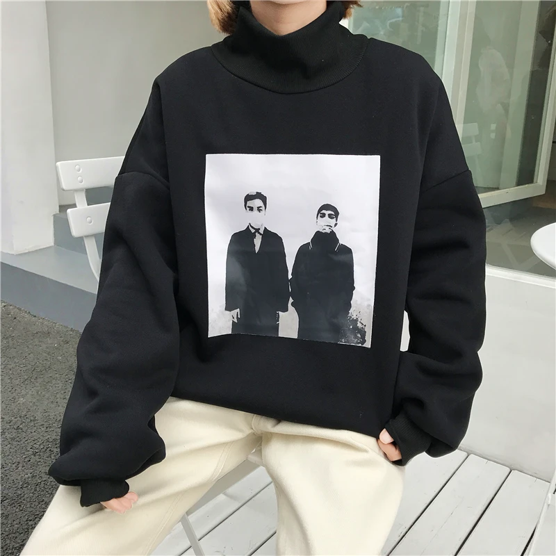 YouGeMan зимние теплые толстовки для женщин Одежда корейский Ulzzang Harajuku Бархат Водолазка пуловер кофты женские свободные топы