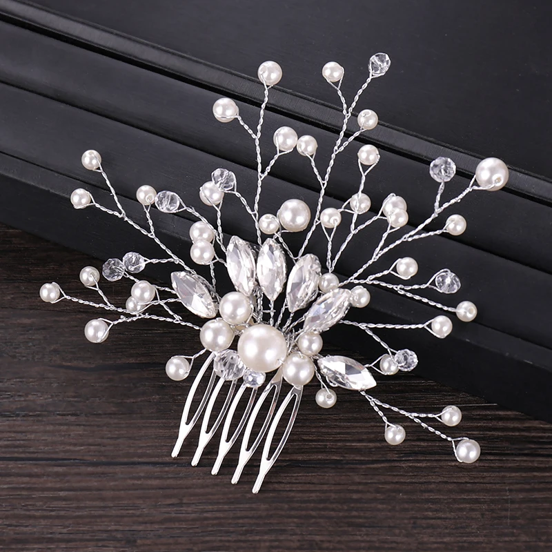 Hot Silver Color Gold Hair Ornaments Pearl Crystal Tiara Wedding Combs Handmade Bridal Fashion Accessories For Women | Украшения и