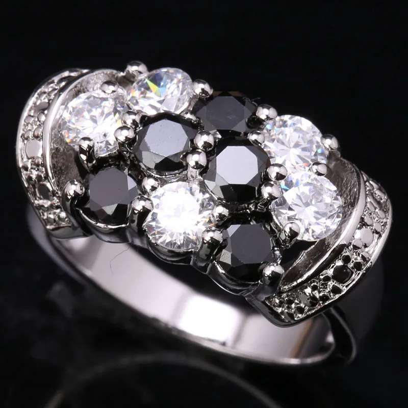 

Black Gems White Zircon Silver Plated Argent Jewelry Ring Size 6 / 7 / 8 / 9 S1637