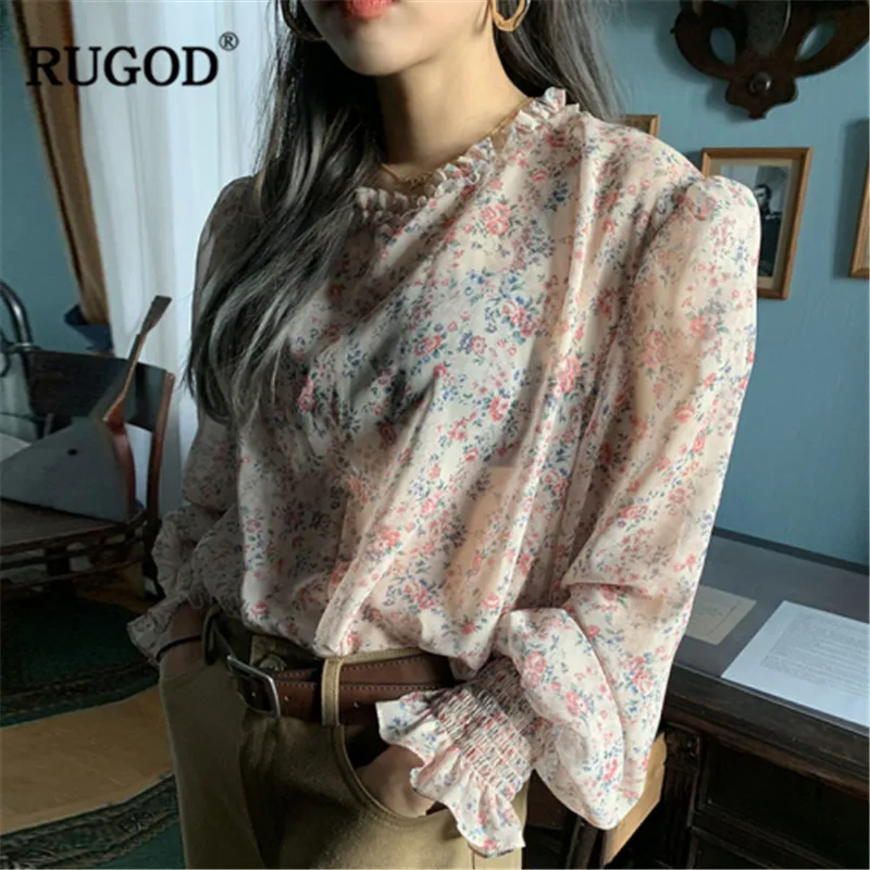 RUGOD прозрачные женские рубашки с цветочным принтом шифоновые рукава фонарики