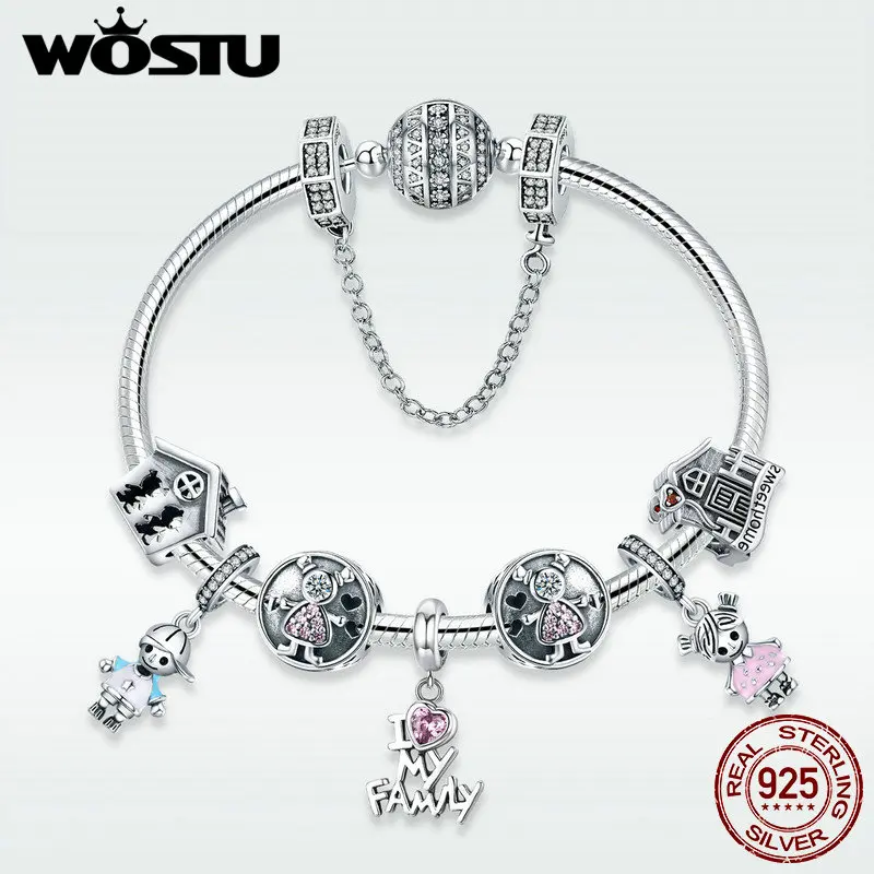 WOSTU 100% 925 пробы серебро я люблю свою Семья Sweet Home Шарм браслет для Для женщин милые