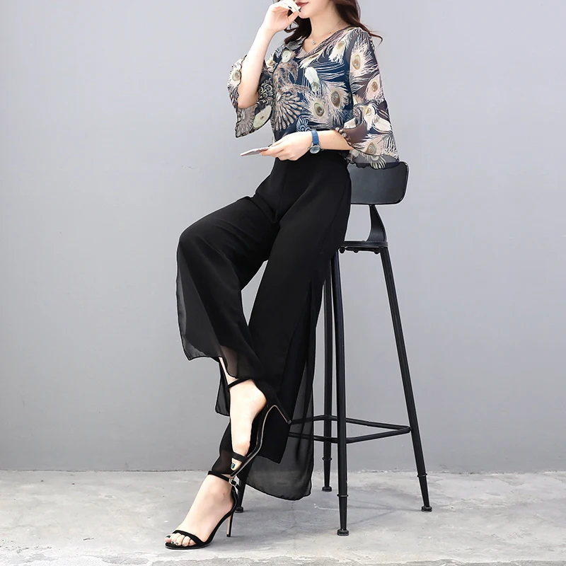 Костюм летний новинка корейская мода шифоновая блузка с рукавом рожок и брюки