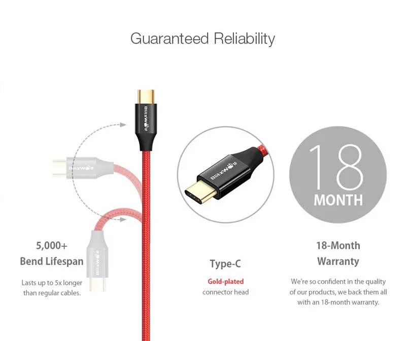 BlitzWolf кабель USB тип-С кабель 1m 1.8m для зарядки мобильного телефона для Xiaomi для Macbook