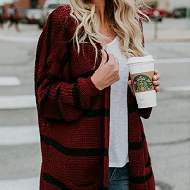 Autumn and Winter Women Sweet Fashion Striped Knit V-neck Cardigan Long Sleeve Loose Wool Sweater with Pocket |