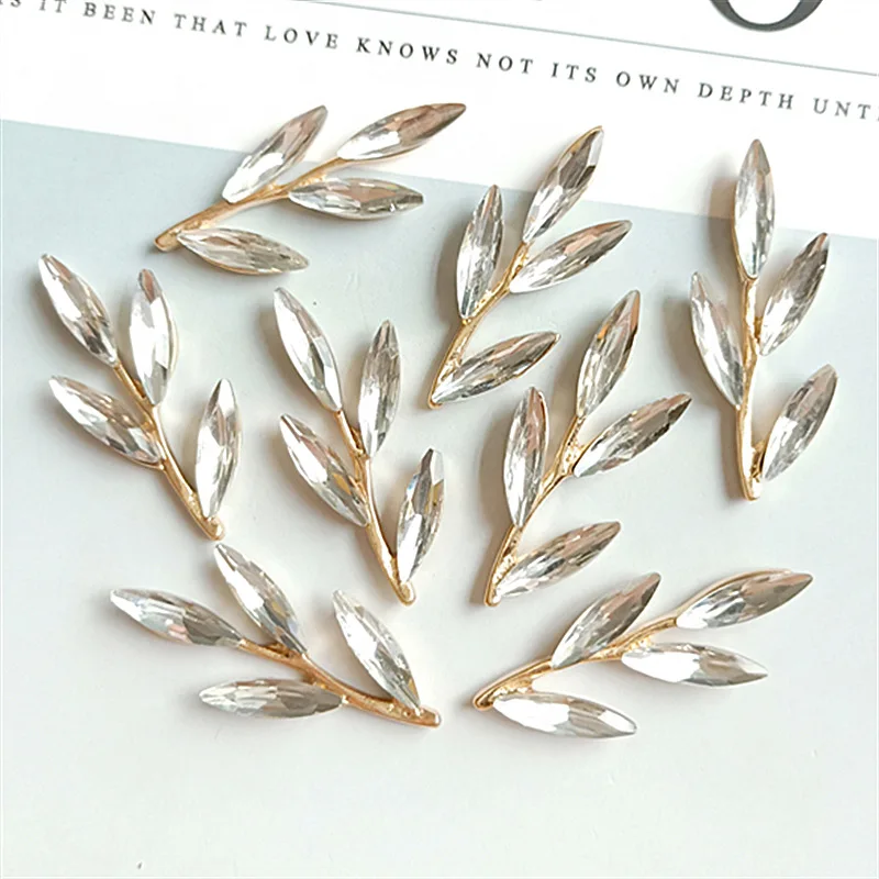 10Pcs 15*37mm Gold Color Alloy Material Crystal Branch Charm Leaf Branch pendant for DIY Head Women Jewelry Making Wholesale