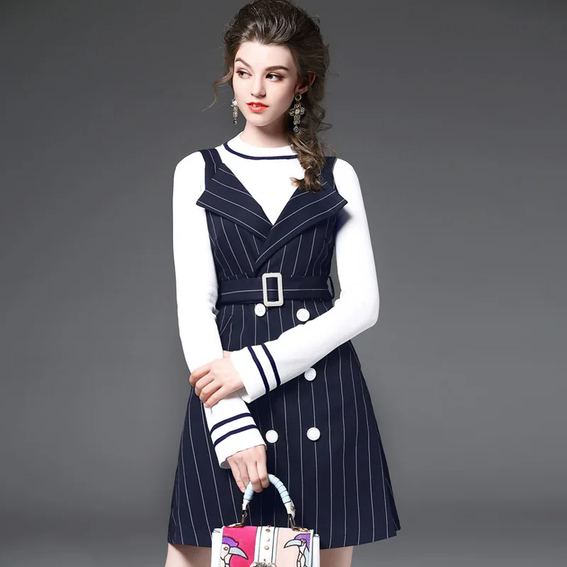 Новый Мода 2017 осень зима трикотажные Платья для женщин полосой Высокой