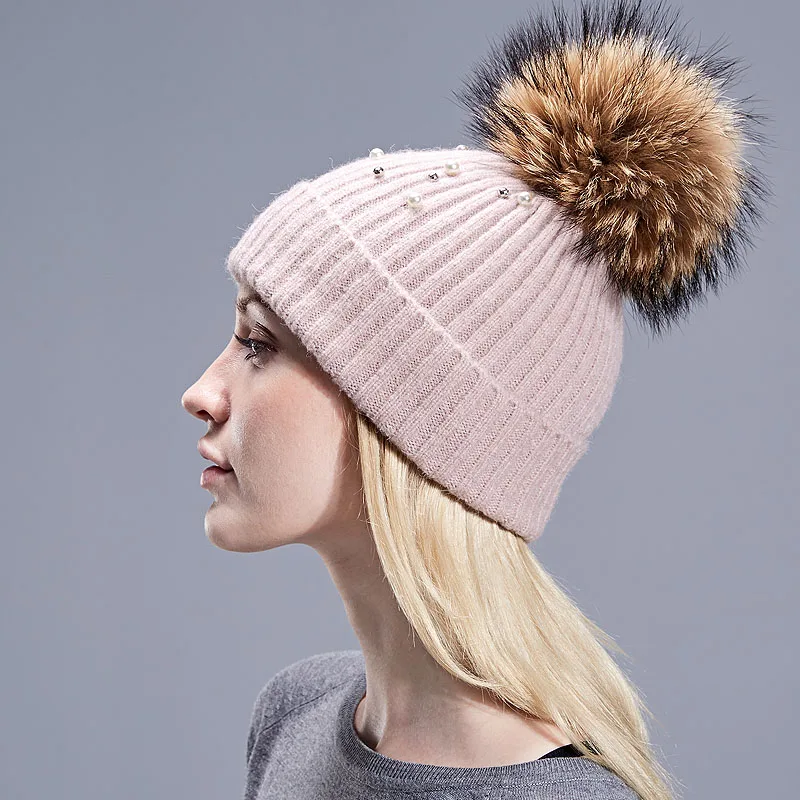 В горошек и со стразами женские головные уборы Skullies Beanies с меховой вязаный шарик