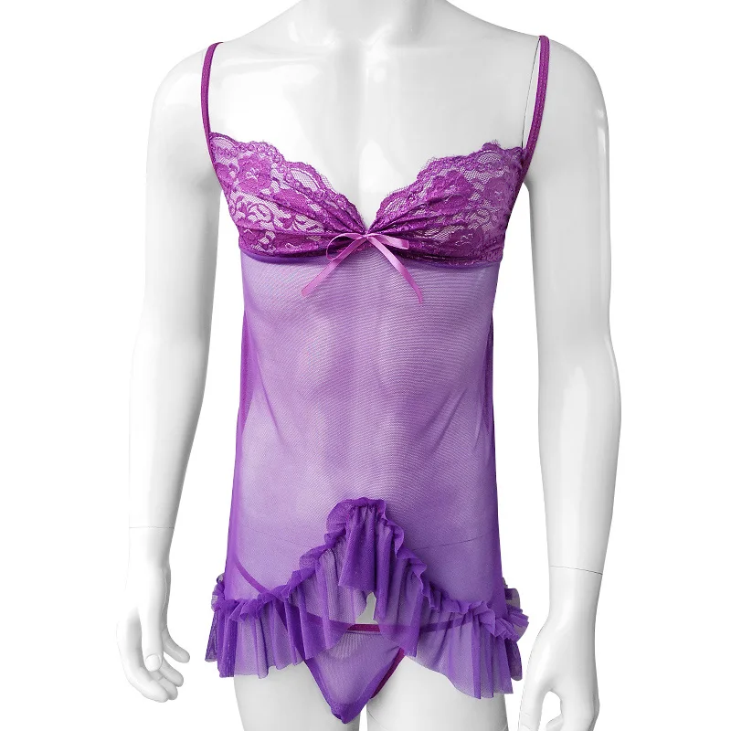 Сексуальное нижнее белье SISSY Кружева Babydoll стринги сексуальное прозрачное Сетчатое нижнее белье для мужчин Ночная сорочка комплект сексуальной пижамы