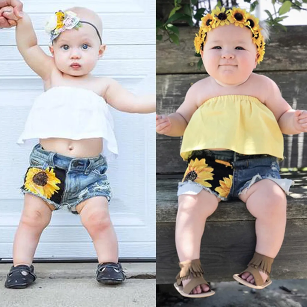 Кроп-топ с открытыми плечами для маленьких девочек + шорты подсолнухами комплект