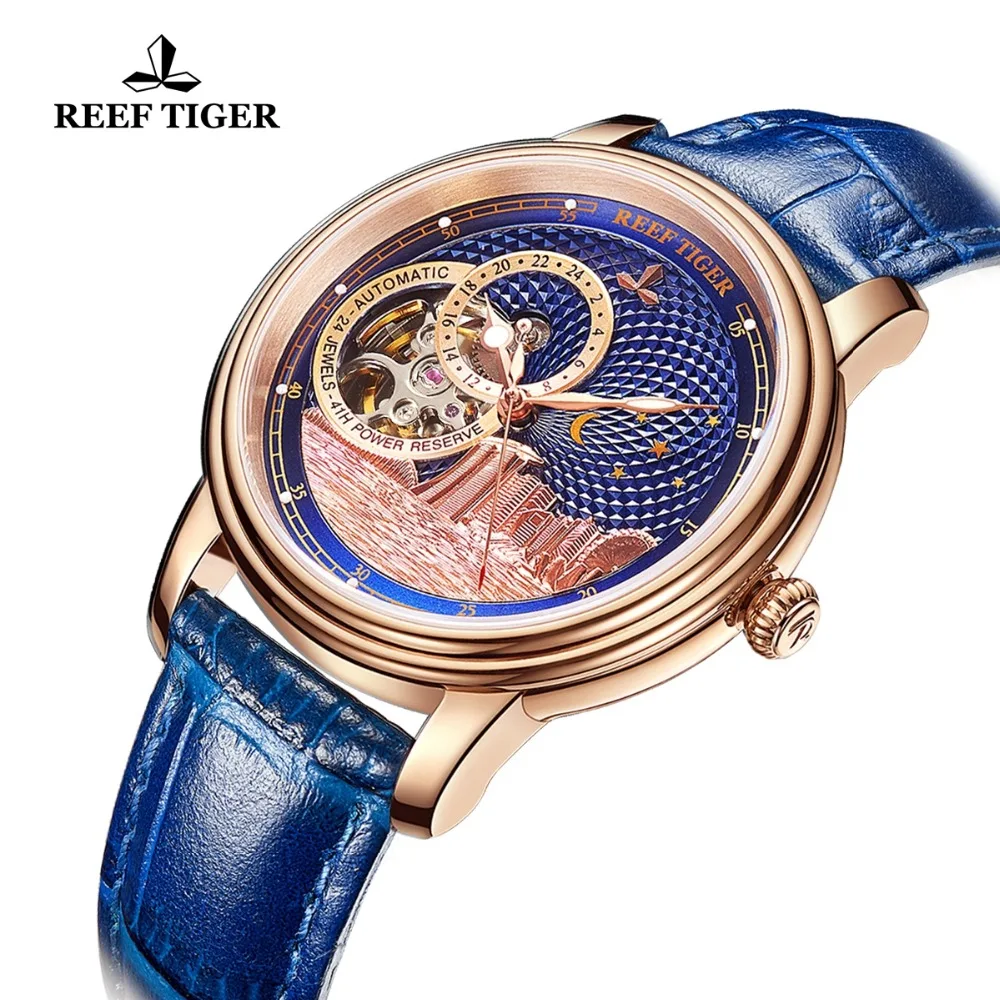 Reef Tiger/RT Top Brand Luxury Watches Mens Rose Gold Blue Mechanical Watch Tourbillon Fashion Watch Clock Relojio RGA1739 enlarge