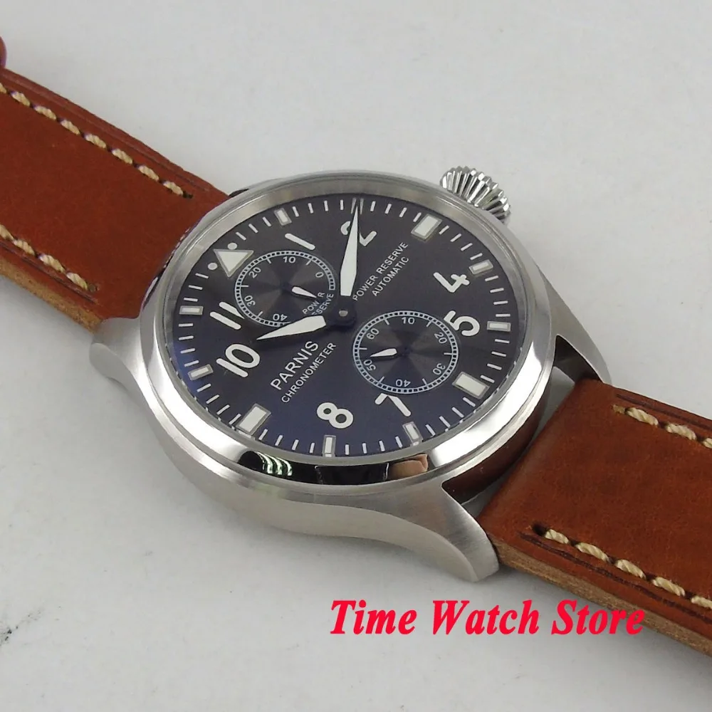 Классические мужские часы 47 мм Parnis с черным циферблатом световой запас мощности
