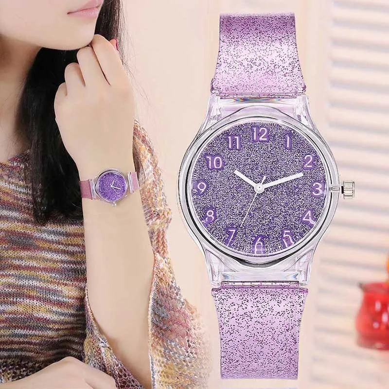 

Luxfacigoo Women Shiny Quartz Watch Silicone Strap Glitter Round Dial Girl Casual Wristwatch