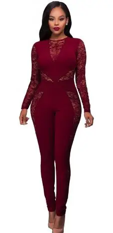 Черный кружевной комбинезон с длинным рукавом Женский облегающий молнией сзади