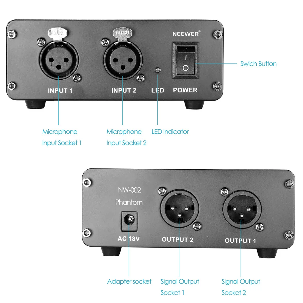 

Neewer 2-Channel 48V Phantom Power Supply+Power Adapter for Condenser Microphones/Transfer Sound Signal to External Sound Card