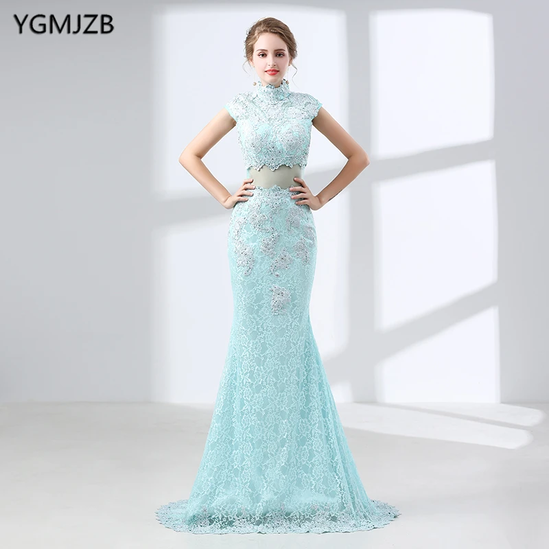 Платье женское длинное Мятное с высоким воротом|robe de soiree|lace evening dresseslace dresses long |