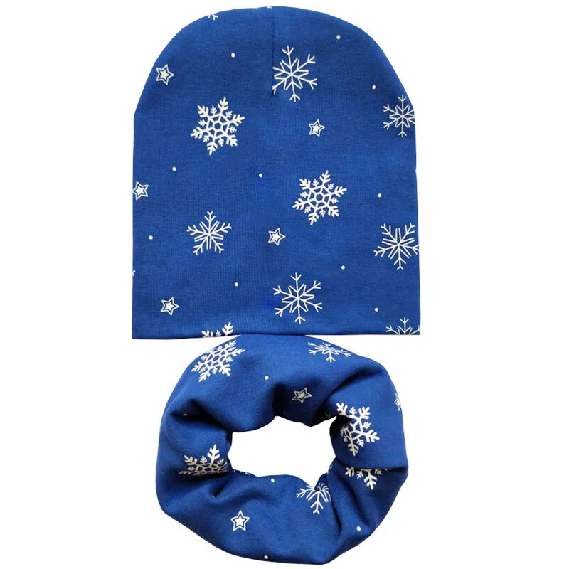 blue snowflake 1 комплект, хлопковая детская шапка, шарф для мальчиков и девочек, осенне-зимняя детская шапка, шарф-воротник, теплые шапочки с принтом «я люблю мама папа» - Цвет: blue snowflake
