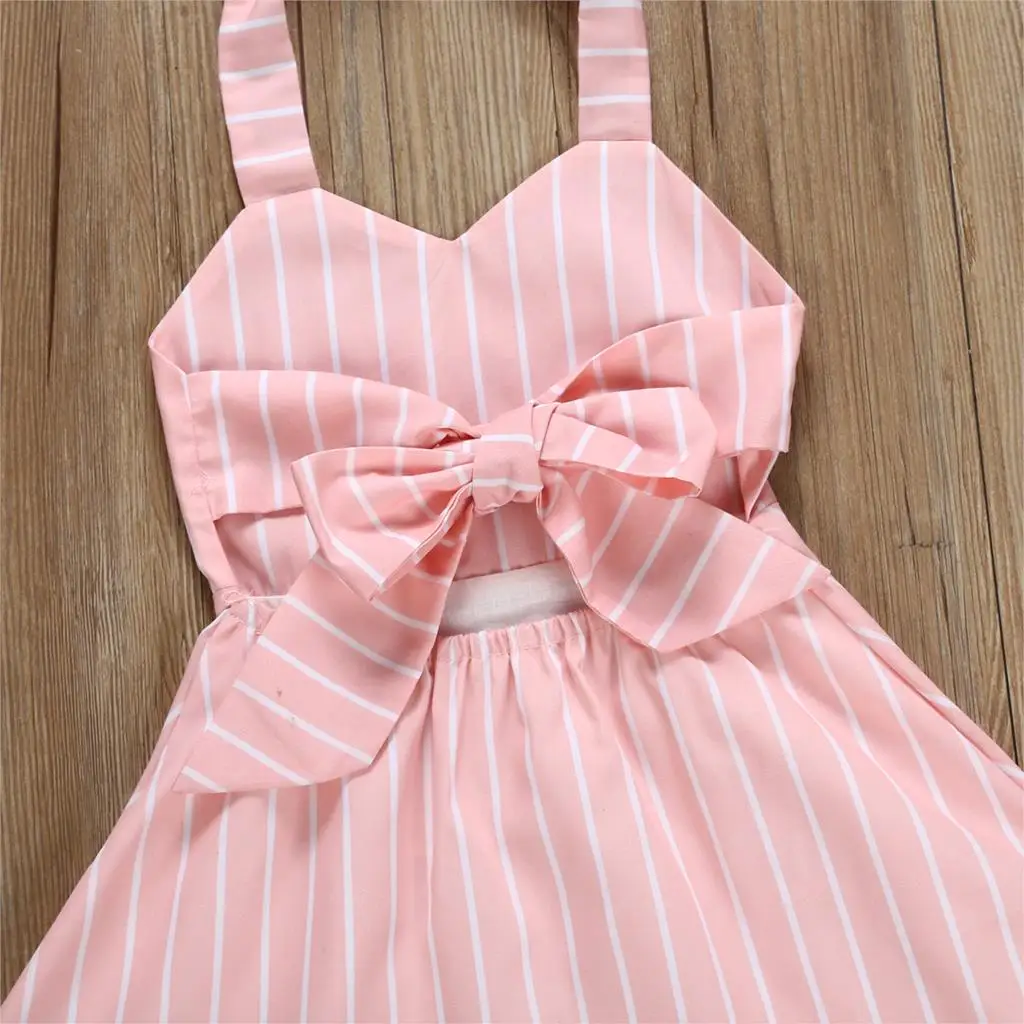 2019 г. Летнее платье для маленьких девочек Полосатое с бретельками праздничные