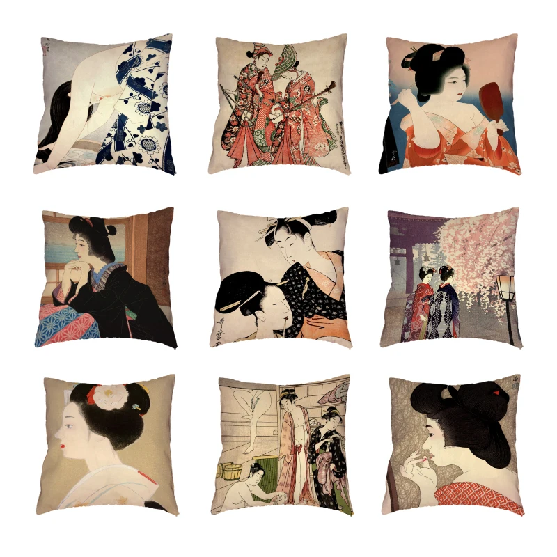 

Beautiful Ancient Woman White Cushion Cover Polyester Peach Skin Ethnic Style Pattern Home Sofa Car Decorative Throw Pillow Case
