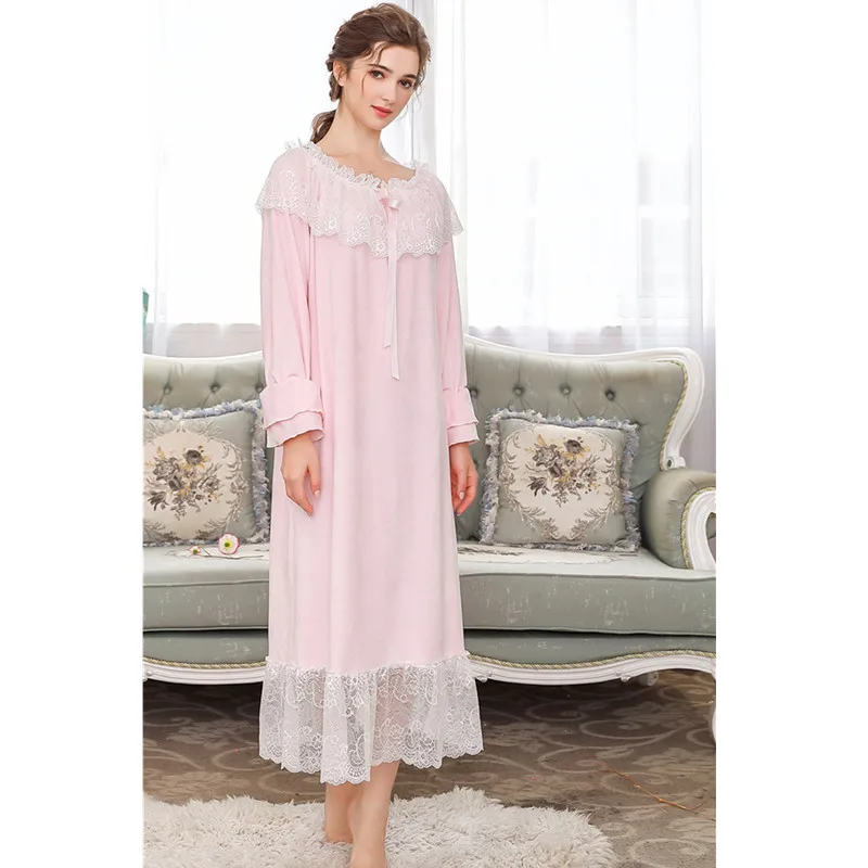 Pink Роскошная Пижама, женская элегантная ночная рубашка, осенняя Домашняя одежда, винтажная ночная рубашка с длинным рукавом, кружевная ночная рубашка с оборками, ночная рубашка H759 - Цвет: Pink