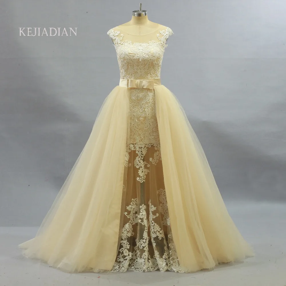 

Свадебное платье-Русалка цвета шампанского из тюля, комплект из 2 предметов, со съемным шлейфом, свадебные наряды
