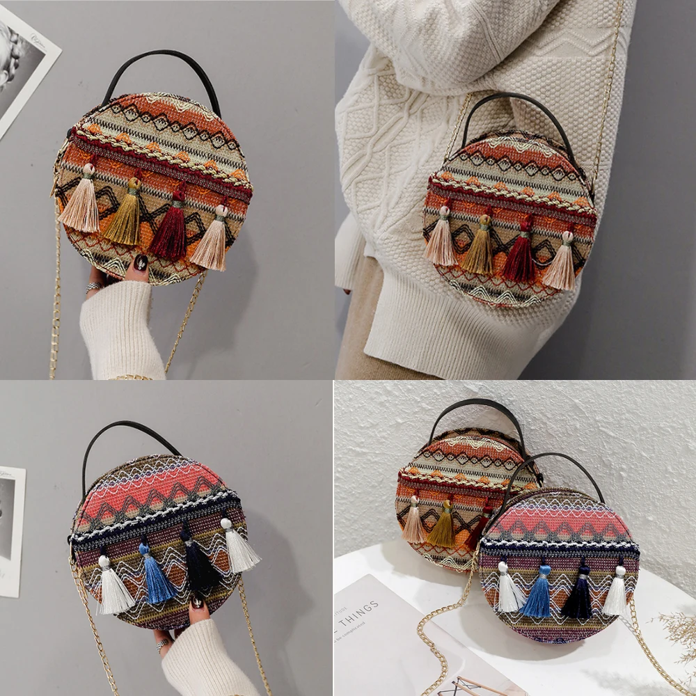 Boho национальная круговая Маленькая женская сумка через плечо, стеганая сумка-кошелек с цепочкой на ремне, праздничная дорожная сумка