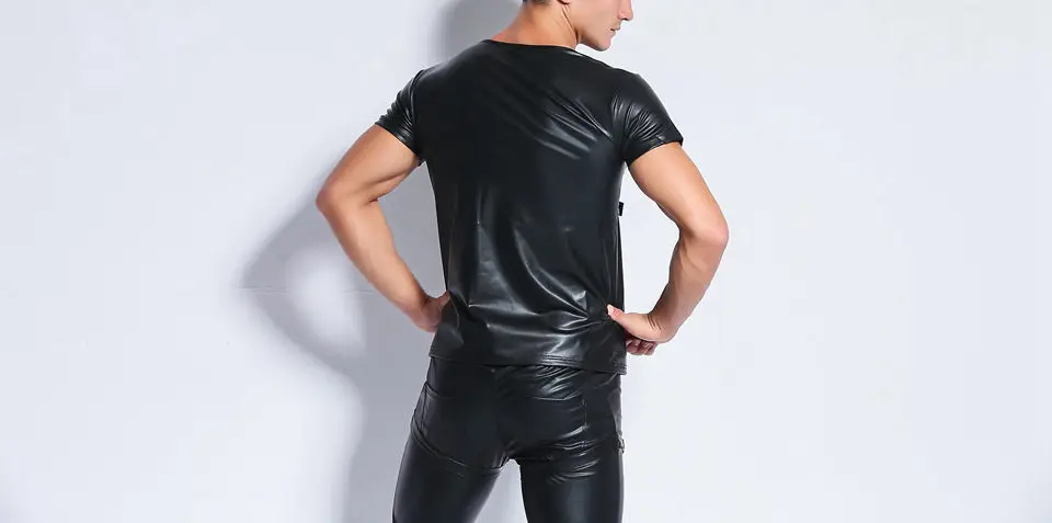 Мужская черная футболка, искусственная кожа, Wetlook, топы, короткий рукав, тонкая, Облегающая рубашка, дизайнерские, Muscle Club, тройники, топы,, Мужская футболка, футболка