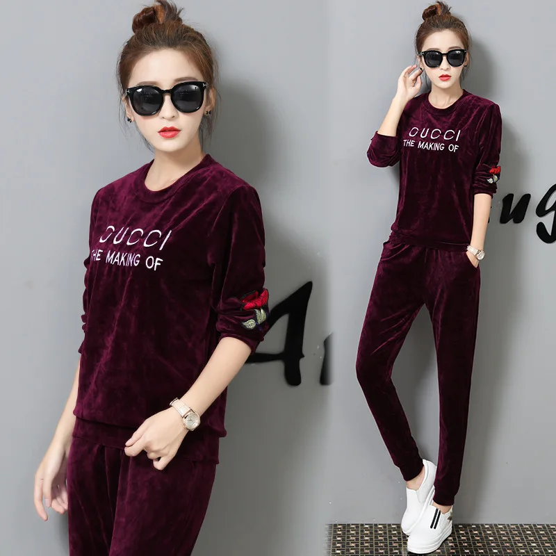 Wine Red Осенние Бархатные костюмы для отдыха, зимние велюровые спортивные костюмы с длинным рукавом, толстовки+ штаны, комплект из 2 предметов, спортивная одежда для женщин - Цвет: Wine Red