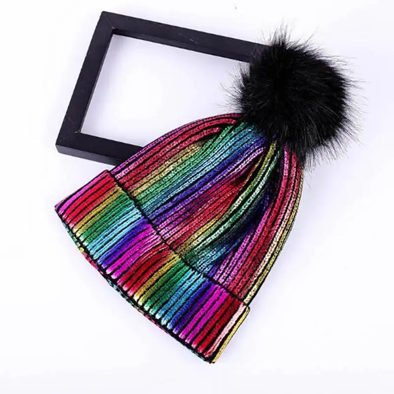 Knitted Bronzing Gold Silver Beanie Cap Pompom Winter Hats For Women Fur Pom Pom Ball Hat Ladies Girls Warm Skullies Beanies - Цвет: colorful pompom