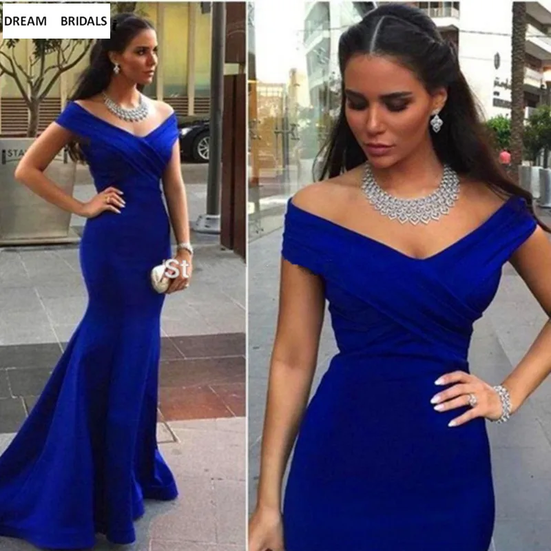 

Royal Blue Mermaid Red Carpet Women Celebrity Dresses Sexy V-Neck Pleat Ruffles Abiye Gece Elbisesi Abendkleider 2019