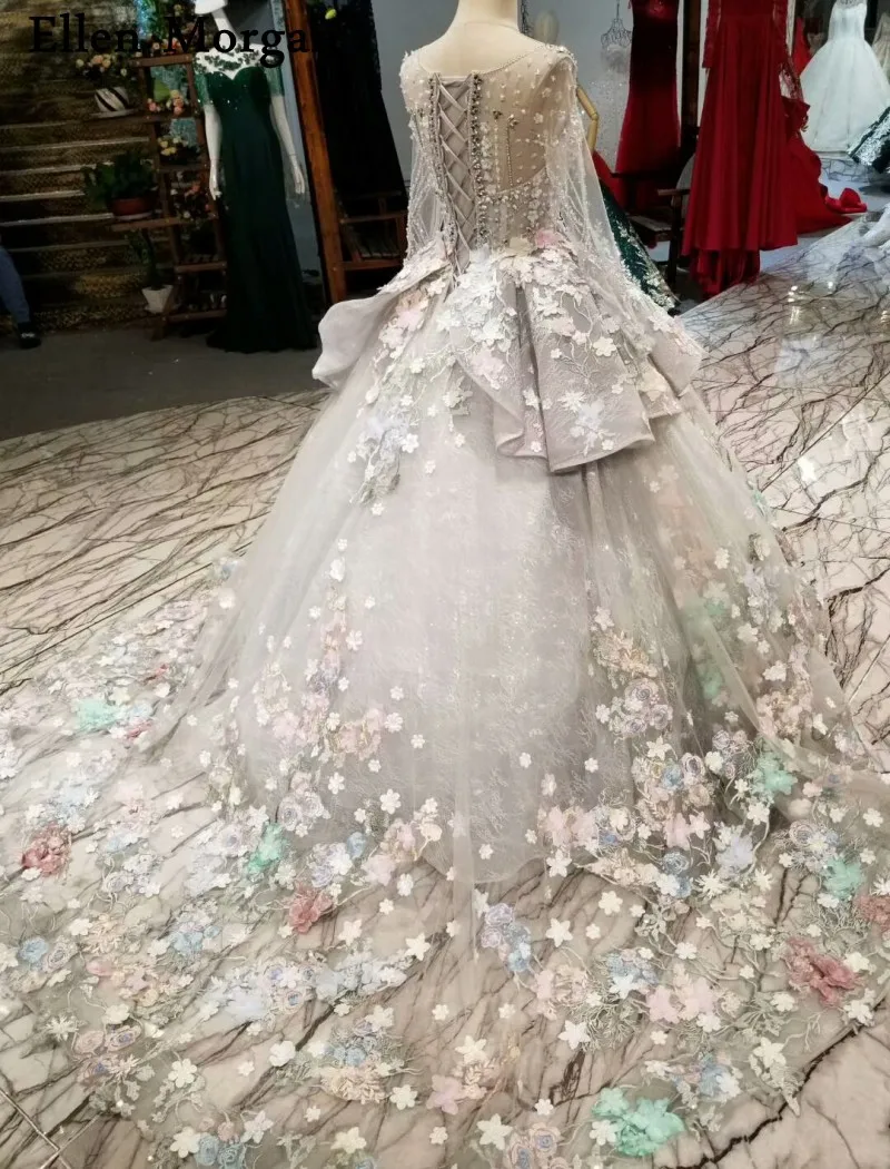 Серое кружевное бальное платье Свадебные платья Vestido De Noiva длинный рукав корсет с кристаллами Высокое качество Свадебные платья для женщин