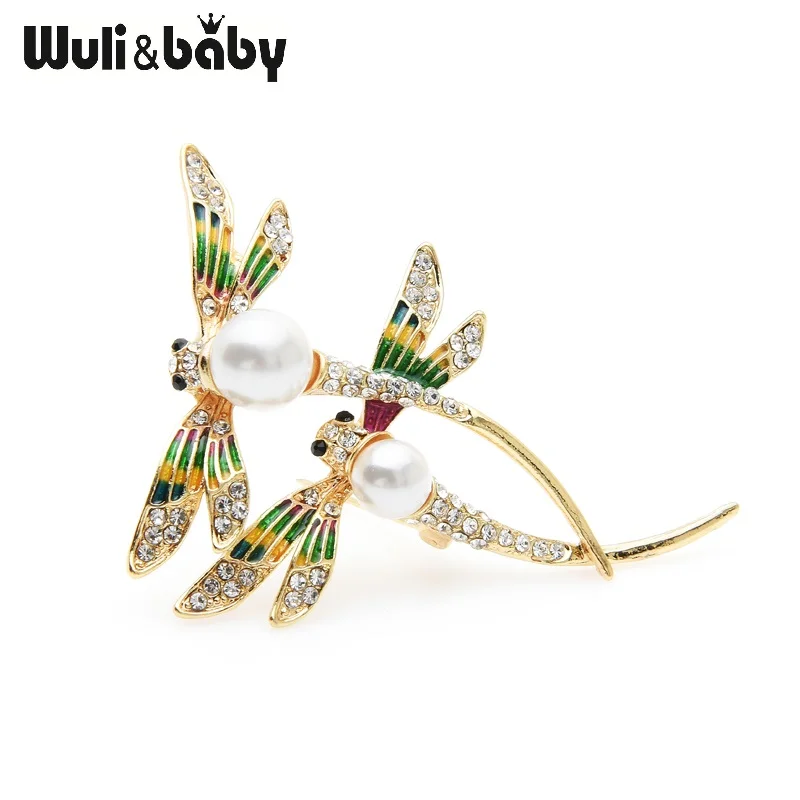 Wuli&ampbaby Enamel Double Dragonfly Brooches Green Wings Simulate-pearl Insect Brooch Pins For Women 2019 | Украшения и
