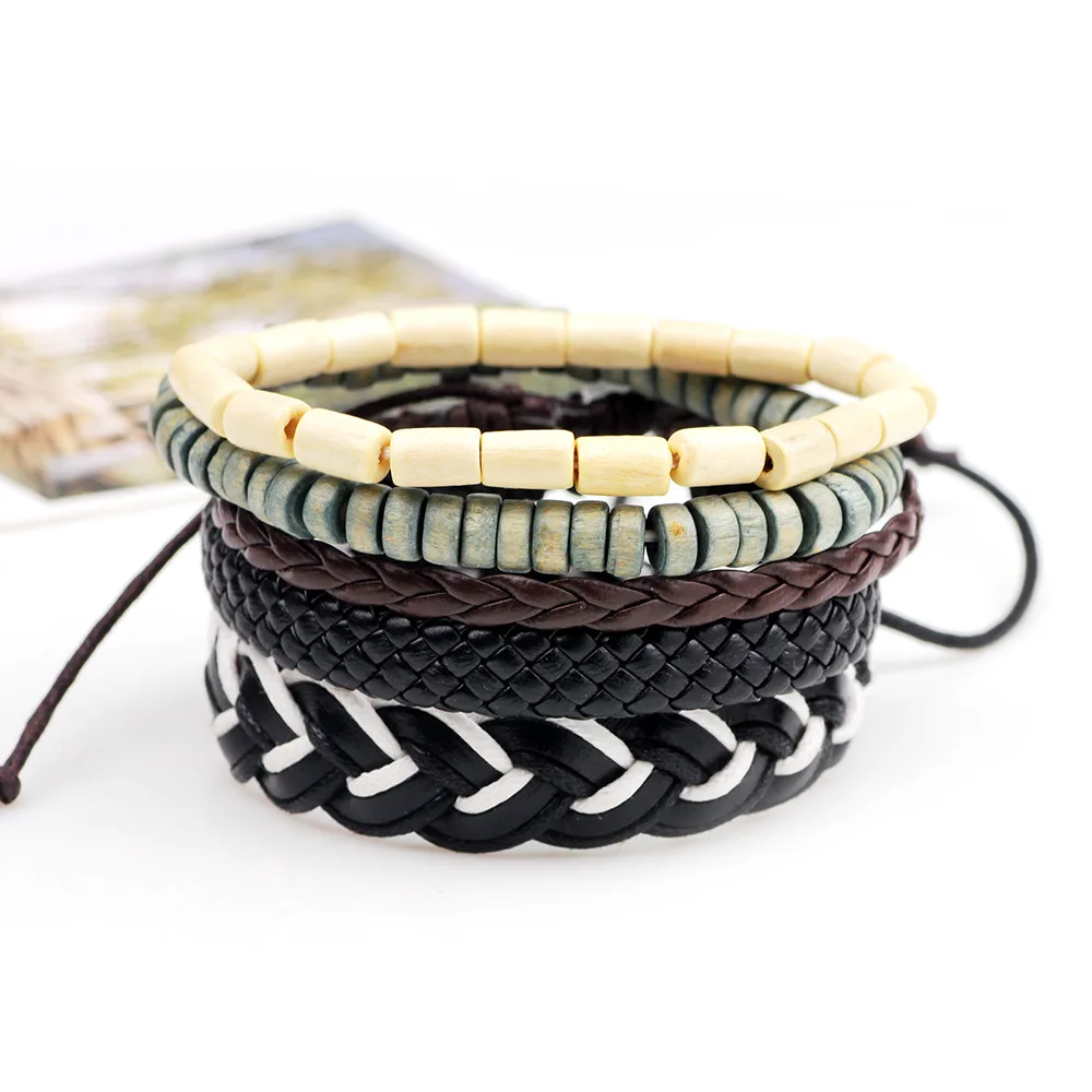 dankaishi 4pcs/set Handmade Customized Punk Vintage Genuine Leather Hemp Rope PU Braided Multicolor Women Jewelry Men Bracelets |