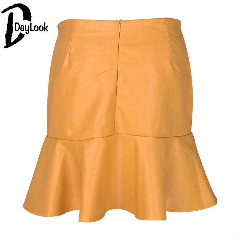 Daylook New Arrival PU Leather Skirts High Waist Sexy Ruffled A-Line Office Skirt Faux Pencil Solid Mini Bodycon Women | Женская одежда