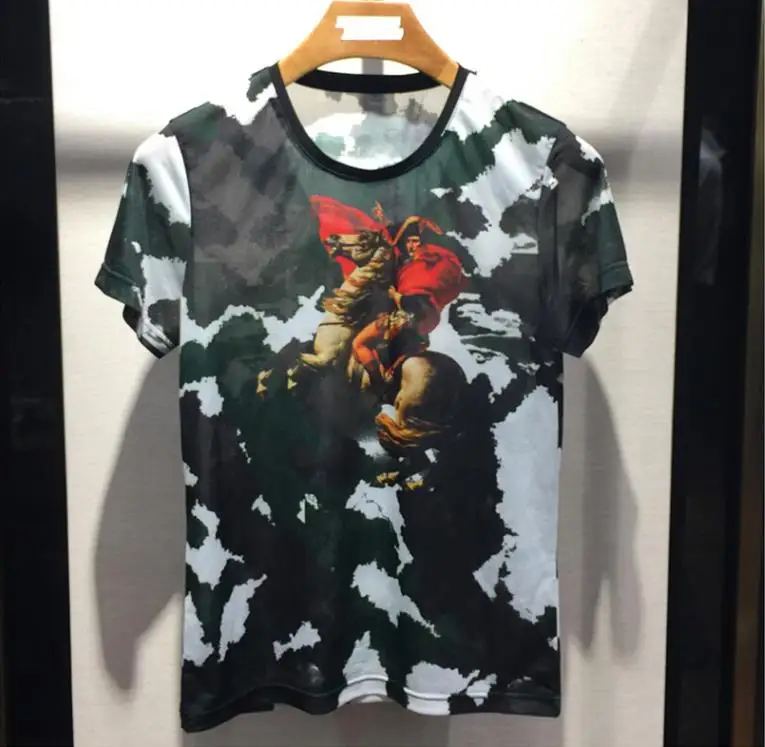 European fashion brand sky blue camouflage clothes summer short sleeve T-shirt men thin horse &amp man printing round colla | Мужская