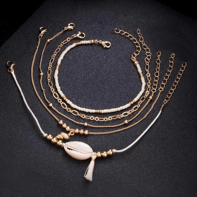 Bracelet Set Мода 5 шт./компл. оболочки браслет с золотой Цвет звено цепи раковины кисточкой браслет набор небольших бисер браслет с бусинами для Для женщин, ювелирные изделия для девушек - Окраска металла: Bracelet Set