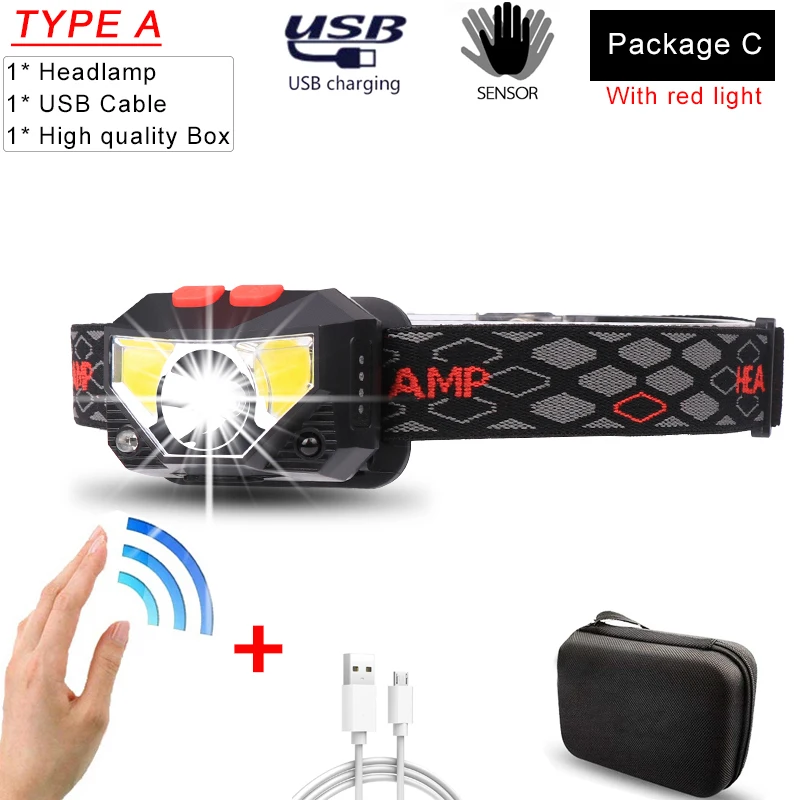 Package C 10000лм Мощный светодиодный датчик фар головной свет USB Перезаряжаемый налобный фонарь Водонепроницаемый для кемпинга туризма - Испускаемый цвет: Package C