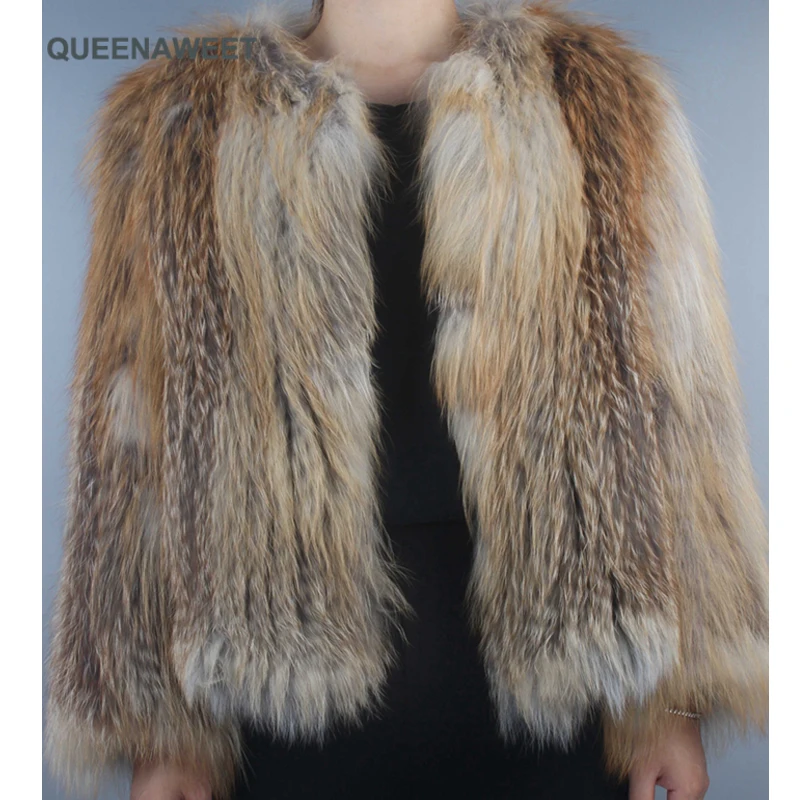 Новое поступление настоящее вязаное пальто из красного лисьего меха с карманами