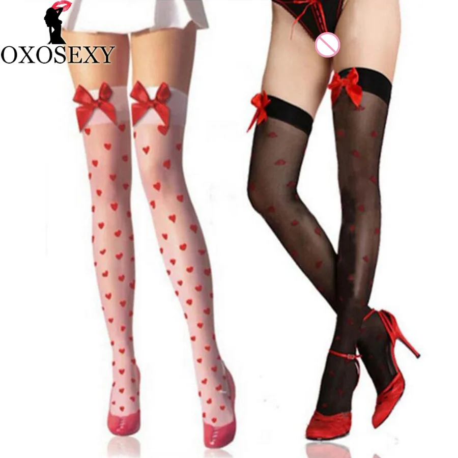 

New White black bow Women Sexy Stockings love heart Stocking Breathable thin Thigh High Stockings over knee Sexy Lingerie 359