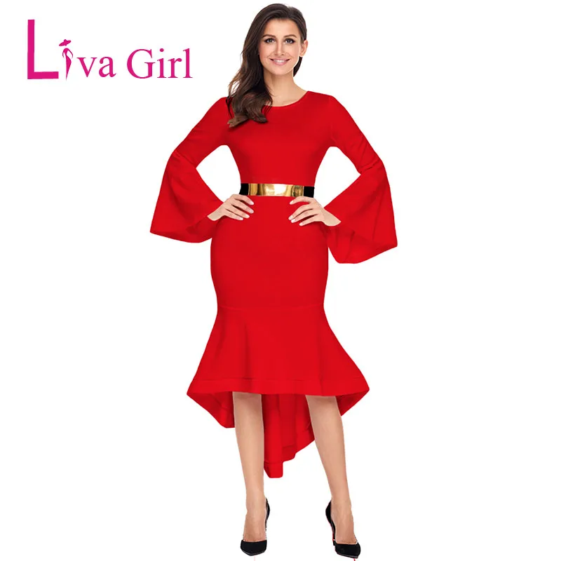 Женское платье с длинным рукавом LIVA GIRL элегантное красное платье-труба поясом и