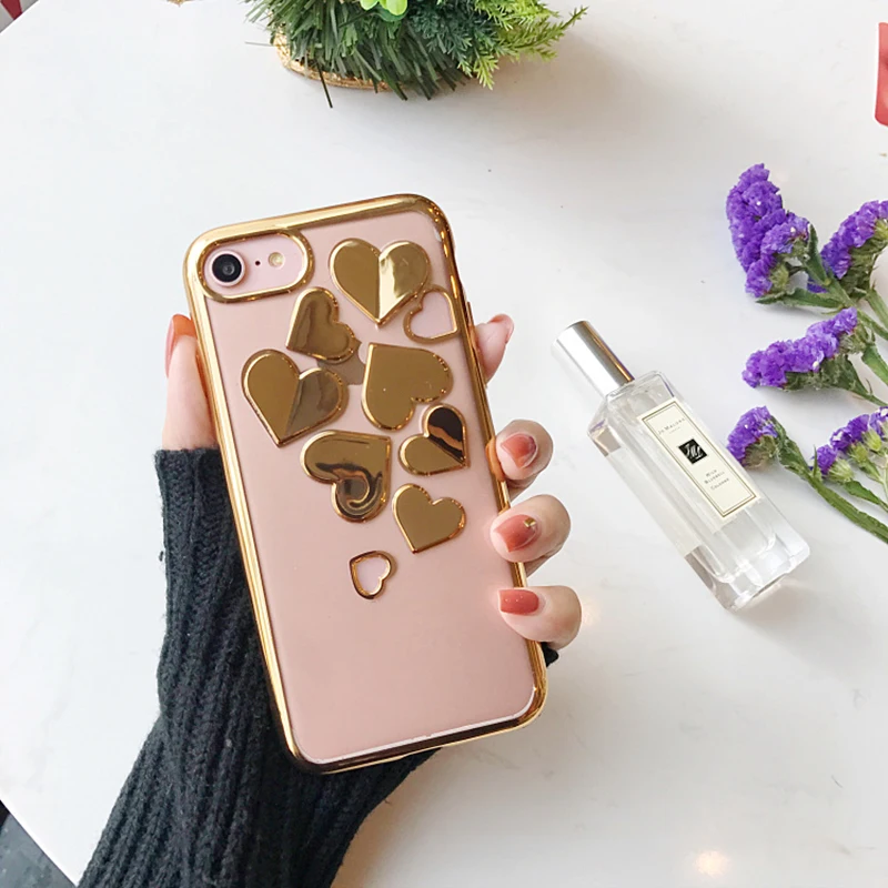 Южная Корея 3D покрытие сердце чехол для iPhone7 7plus серебро/розовое золото/золотое любовное сердце Чехлы для iPhone 6 6s 6plus 6s plus Прозрачный чехол для телефона