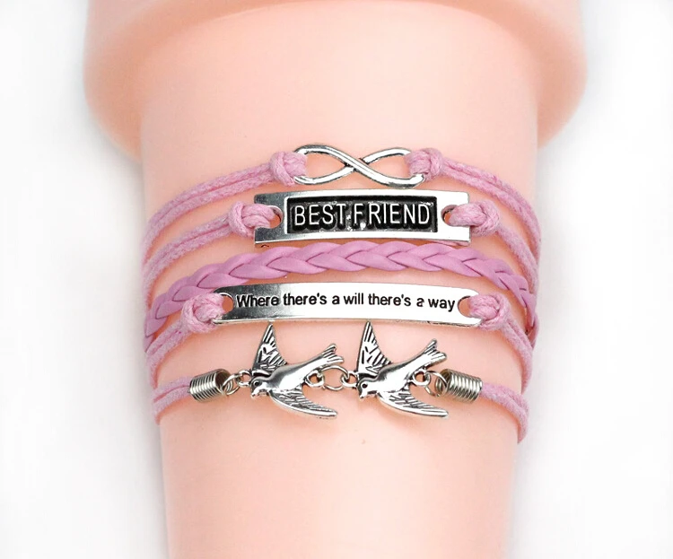 Double bird best friend vintage charm jewelry 2016 girls' fashion cheap leather multi-tier strand bracelet MFB069 mixed 12pcs |