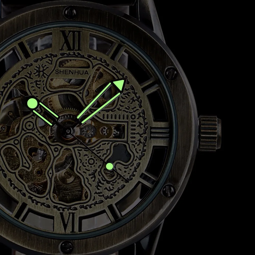 Vintage Bronze Men's Skeleton Watches Clock Male Leather Strap Antique Steampunk Casual Automatic Mechanical Wristwatch | Наручные