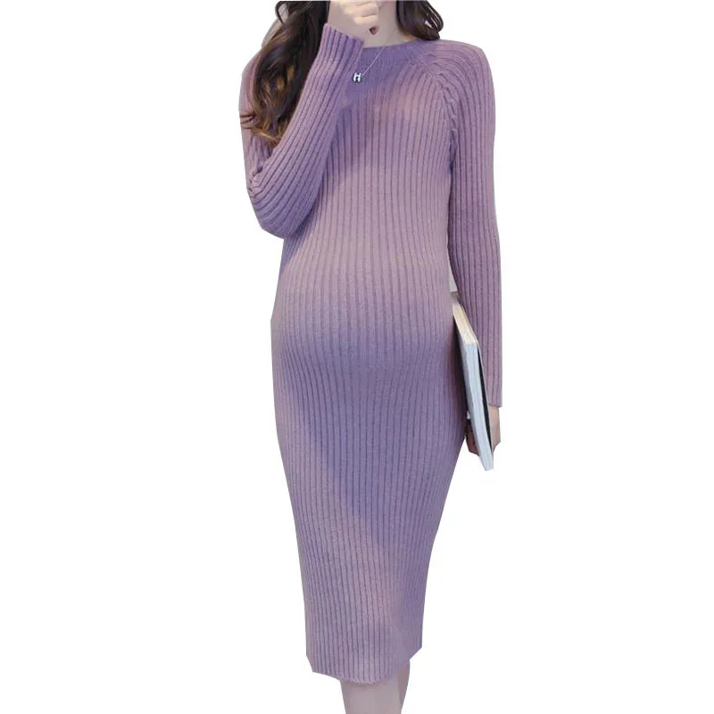 

Maternity Elastic Dress Thick Winter Knitted Sweater Boat neck Pullover Casual Full Sleeve Knee-Length Pregnant Women Clothings
