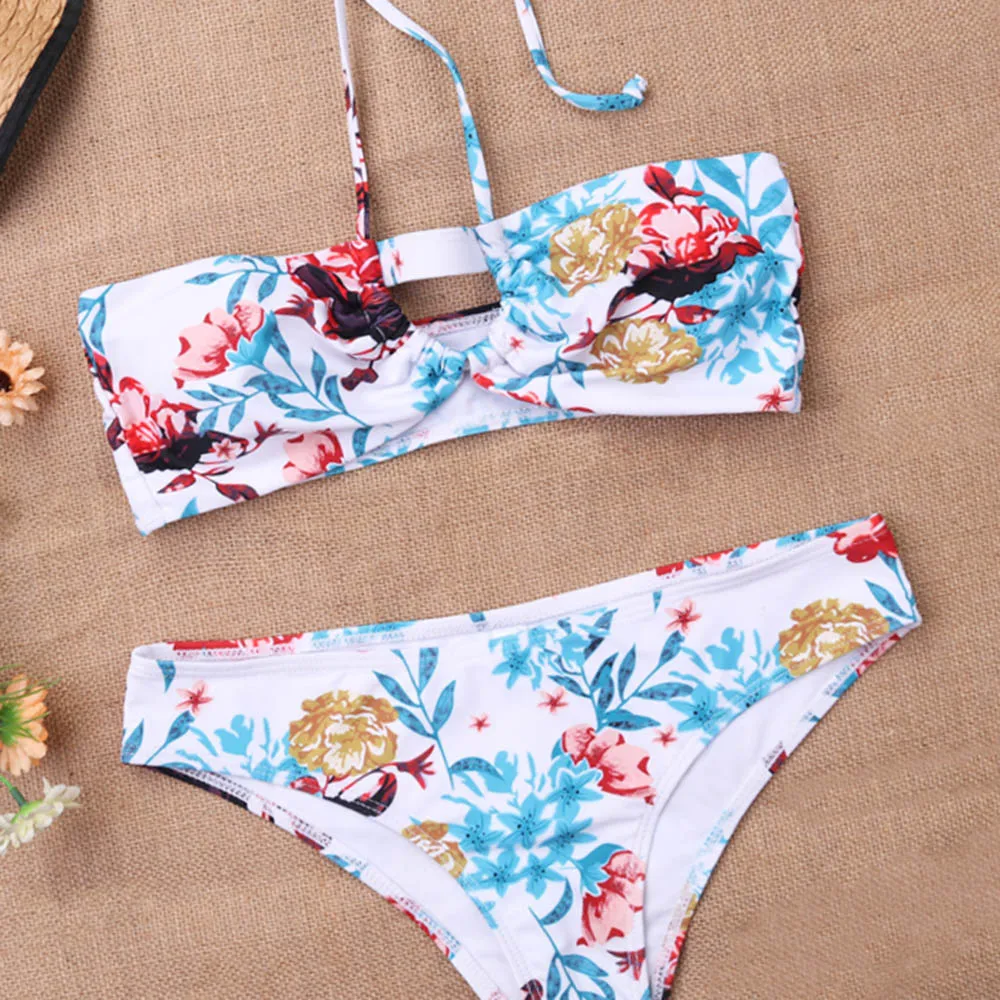 2019 новый купальник бикини набор сексуальный цветочный Бандо на завязках женский
