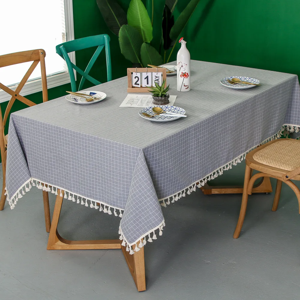 European Hot Gray Small Plaid Tablecloth Country Style Polyester Cotton Tassel Dinner Table Cloth Mat Cover | Дом и сад